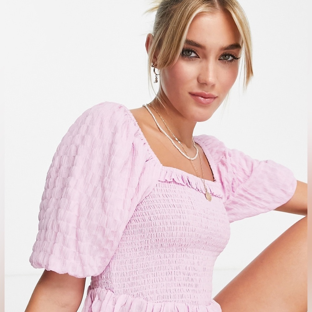 New Look Pink Textured Smocked Puff Sleeve Milkmaid Ruffle Top 12
